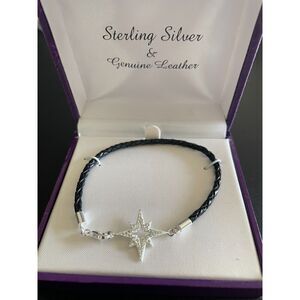 NIB Sterling Silver Crystal Star Black Leather Bracelet Gift Holiday Girl Teen